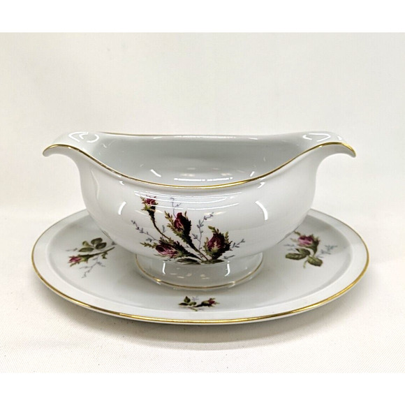 Rosenthal Germany Winifred Moss Rose Gravy Bowl with Attached Underplate - Picture 1 of 7